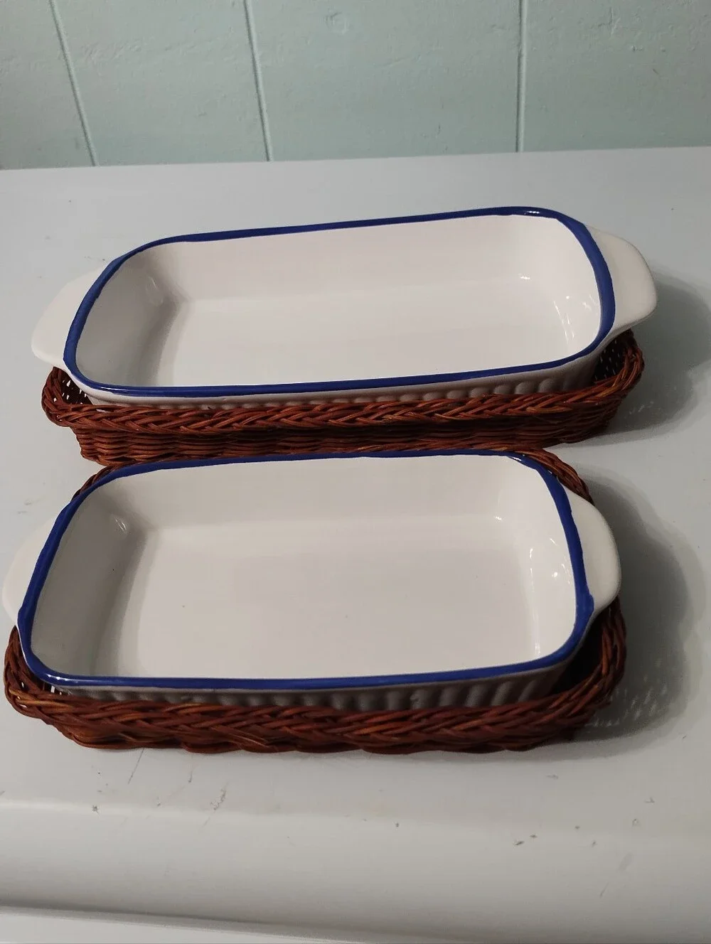 Ceramic Rectangular Baking Dishes with Blue Rim - Set of 2